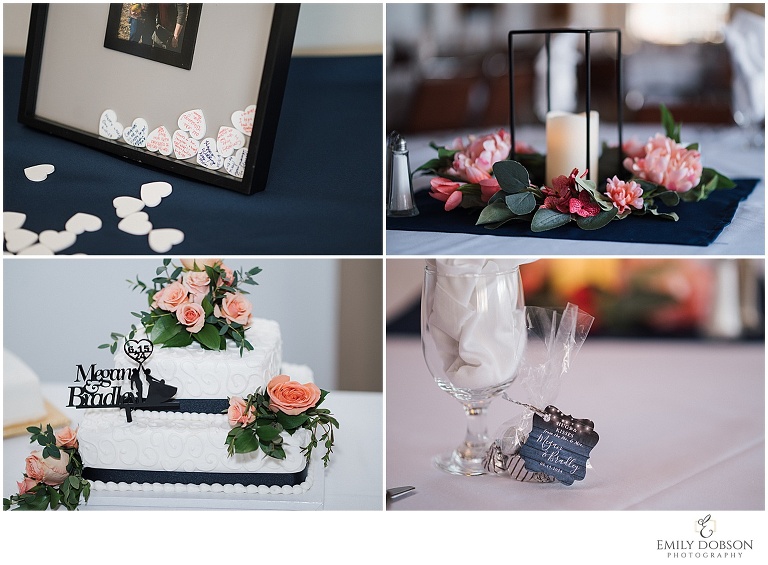 stunning details of the reception including the cake, centerpieces, party favors and heart shaped messages from guests. 