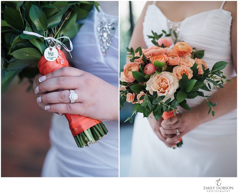 bride's unique charm to honor her late father in her beautiful coral bouquet